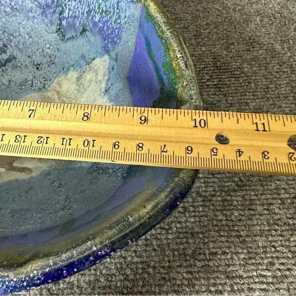 Vintage pottery bowl drip glaze cobalt purple angular centerpiece fruit 10x10x4 - Picture 10 of 10